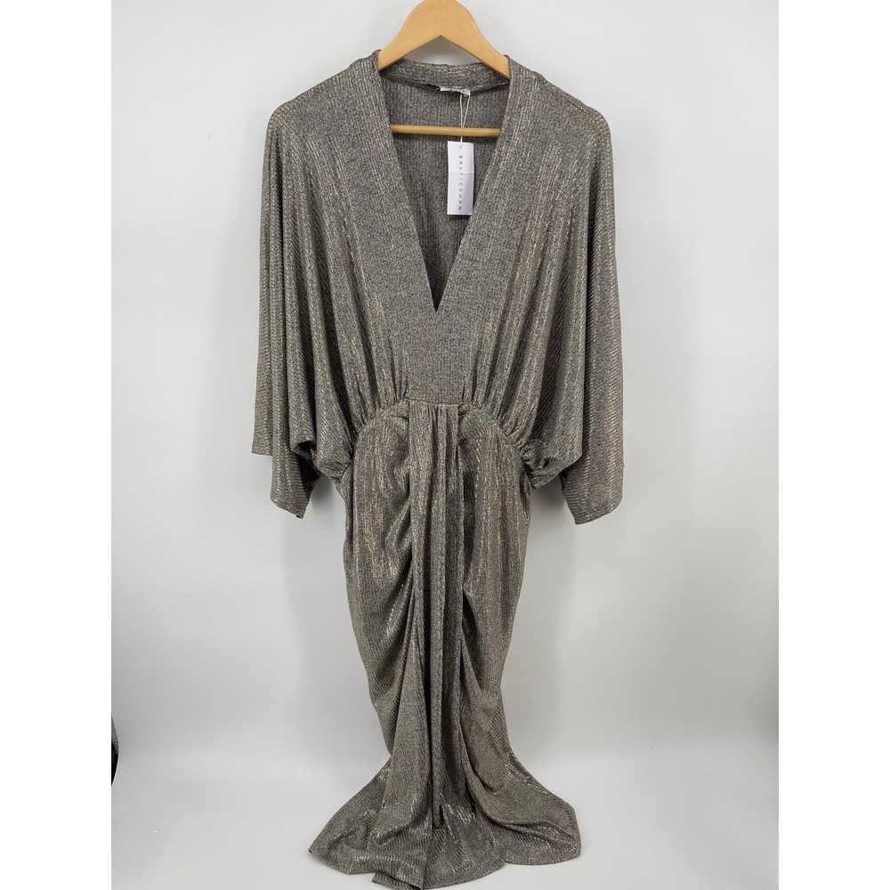 Baltic Born Metallic Ribbed Deep V-Neck Maxi Dress Gold Silver L NWT